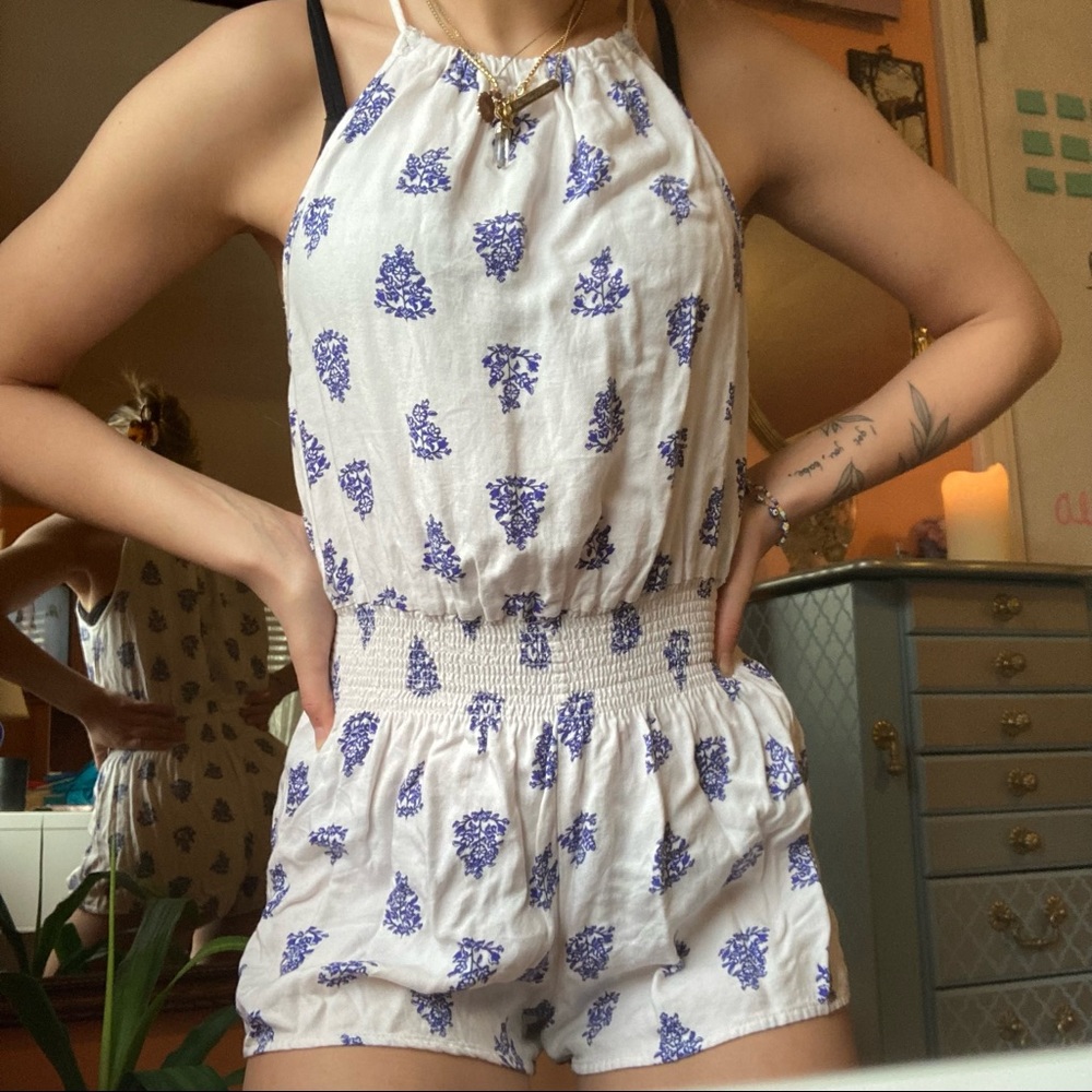 Blue and White Floral Romper